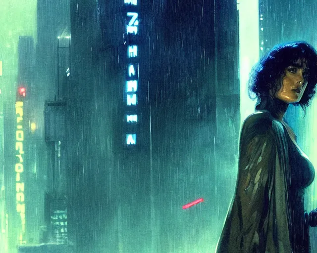 Image similar to 2 0 1 8 blade runner movie still salma hayek look at the cityscape from roof perfect face fine realistic face pretty face reflective polymer suit tight neon puffy jacket blue futuristic sci - fi elegant by denis villeneuve tom anders zorn hans dragan bibin thoma greg rutkowski ismail inceoglu illustrated sand storm alphonse mucha