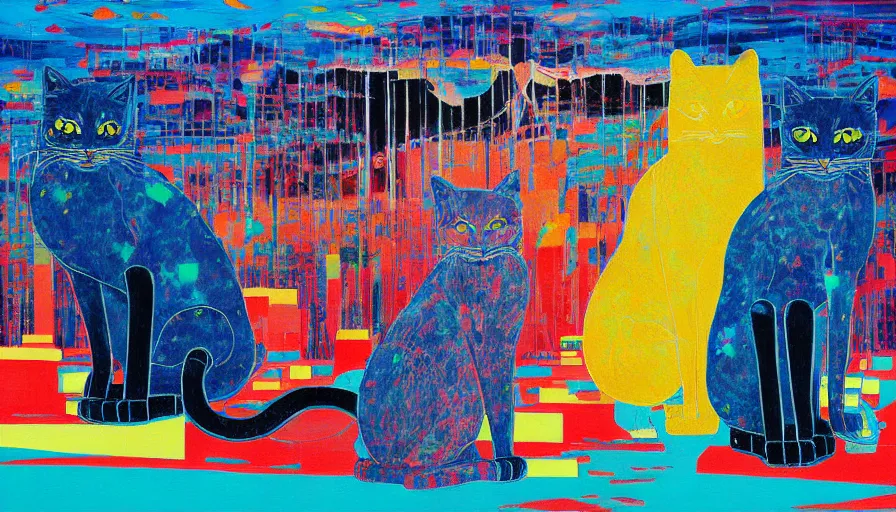 Prompt: contemporary semi abstract acrylic painting of really tall sitting cats by makoto shinkai, by stanley donwood, kessler art, thick brush strokes and visible paint layers, multicolor color scheme