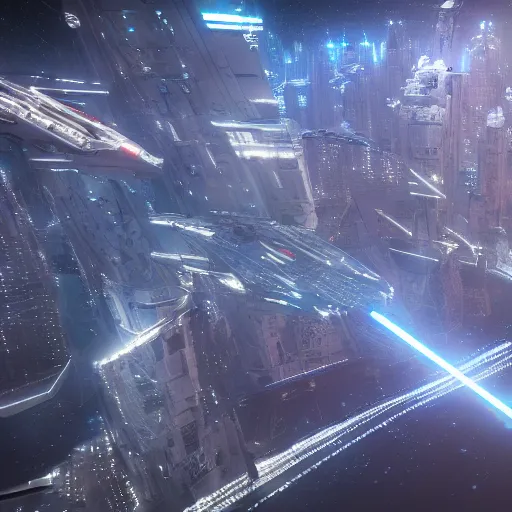 Prompt: a futuristic city, it's night, a star destory from star wars flies above it, realistic 8k