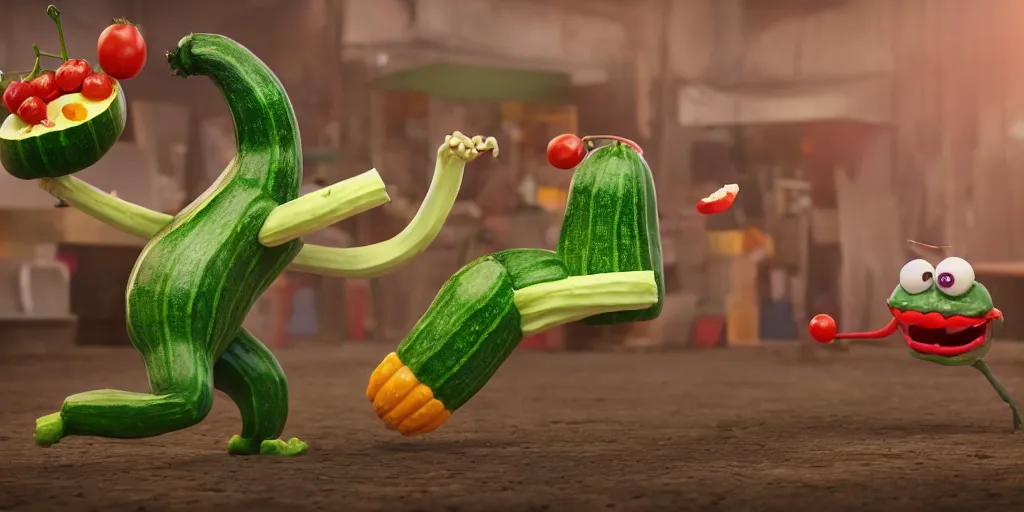 Prompt: detailed 3 d render of a bad zucchini character with arms and legs and a long sword!! chasing after a tomato character, hyper realistic octane render, cinematic lighting, deviantart, frame from independent movie