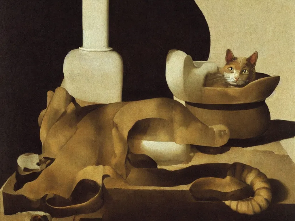 Prompt: Cat breaking white vase, tableware. Still life. Painting by Zurbaran.