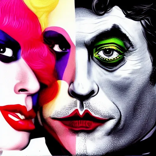 Prompt: richard hamilton and mimmo rottela as lady gaga harley queen and joaquin phoenix joker kissing, pop art, medium long shot, 2 color, separate content, object details, dynamic composition, 4 k, ultra realistic art, smooth, sharp focus, illustration, concept art, intricate details, h 7 6 8