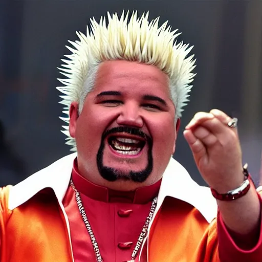 Image similar to guy fieri dressed as the pope, giving a speech in front of millions