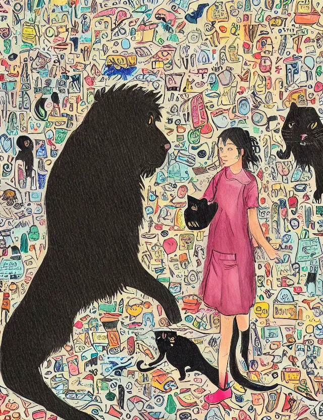 Prompt: realistic portrait of a girl with her stoned black cat jumpig at a lion lost in the very busy and crowdy NYC subway looking at a train arriving late on a rainy morning by James Jean