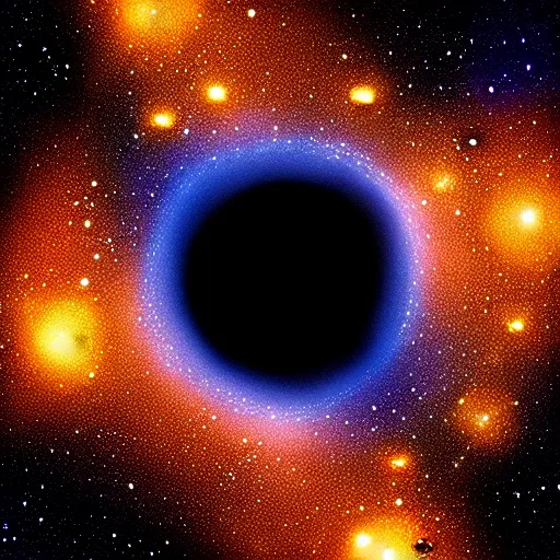 Image similar to a black hole at the center of a golden wireframe geometric structure, deep blue and dark cyan nebula background, highly detailed artwork