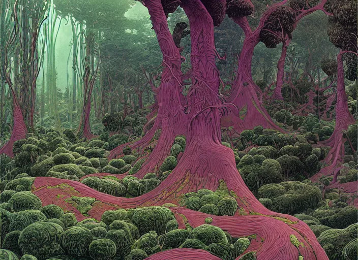Prompt: highly detailed image by moebius and roger dean of the forest of mœbdean, digital art