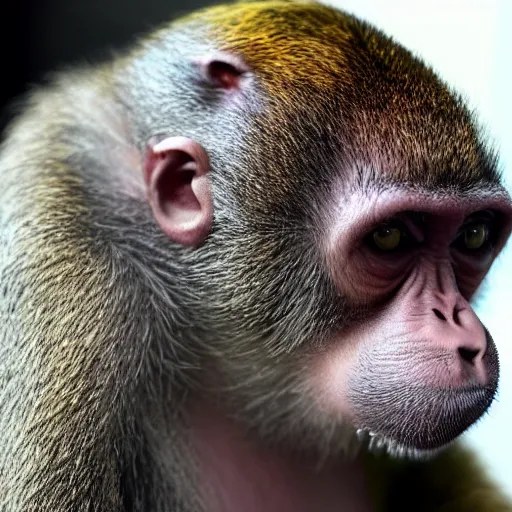 Image similar to a high detail closeup shot of a depressed monkey wearing a suit and smoking a cigar