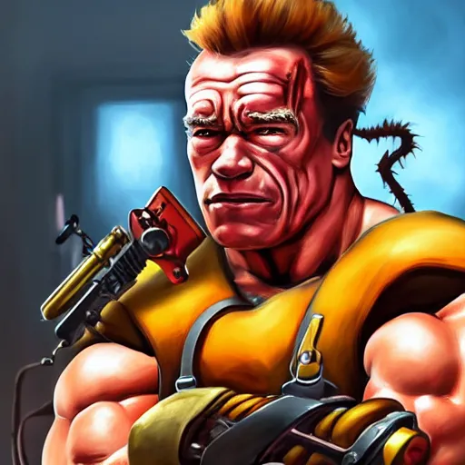 Prompt: a screenshot of arnold schwarzenegger as junkrat in overwatch holding detonator, portrait, fantasy, beautiful face, vivid colors, elegant, concept art, sharp focus, digital art, hyper - realistic, 4 k, unreal engine, highly detailed, hd, dramatic lighting by brom, trending on artstation