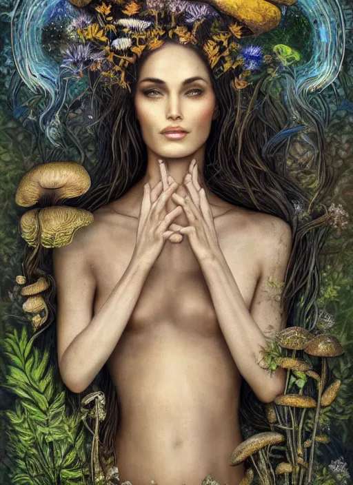 Prompt: arabesques grotesque painting with mushrooms, dandelions, crystals, ferns, very beautiful fairy face that looks like megan fox, with perfectly beautiful dark symmetrical eyes, by james jean and hiroshi yoshida and brian froud, photo, textured, colorful, 8 k resolution