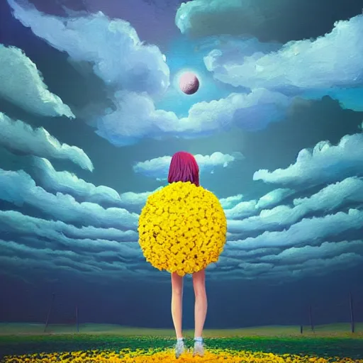 Image similar to giant daisy flower as a head, girl walking in flower field, surreal photography, moon light, dramatic, impressionist painting, colorful clouds, digital painting, artstation, simon stalenhag