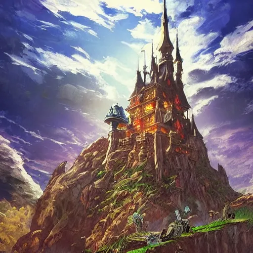 Image similar to An imposing and highly ornamented fantasy castle, Carved from Sapphire stone, Atmosphere, Dramatic lighting, Beautiful Landscape, Epic composition, Wide angle, by Miyazaki, Nausicaa Ghibli, Breath of The Wild