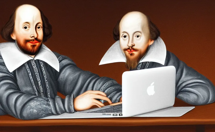 Image similar to William Shakespeare using a MacBook in a Starbucks, 8k, digital art