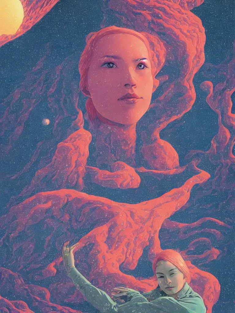 Image similar to a closeup hyperrealistic portrait of a young siberian woman with intricate details, floating in space and dreaming psychedelic hallucinations in the vast icy landscape of antarctica, volcano lava drips in antigravity of the cosmos by kawase hasui, moebius and edward hopper, colorful flat surreal design, hd, 8 k, artstation