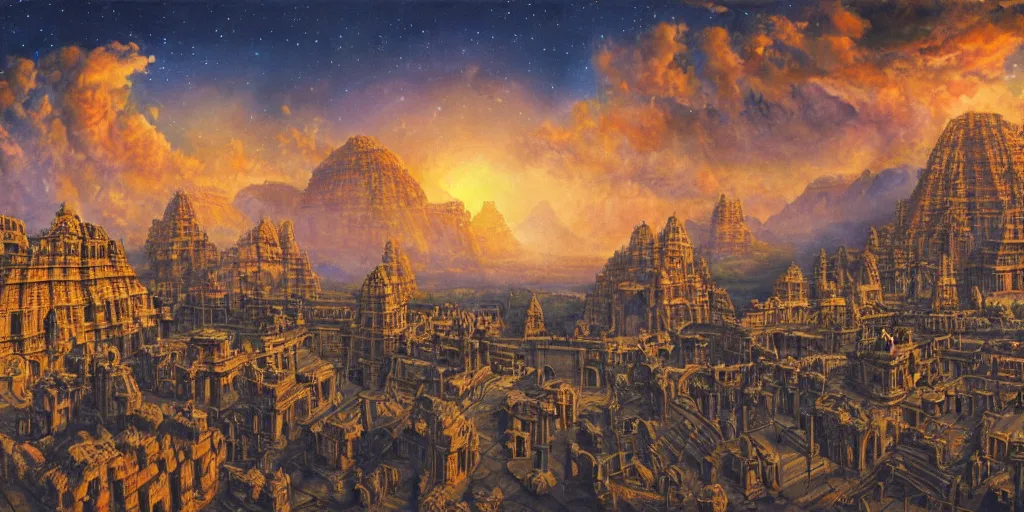 Image similar to fantasy oil painting, mega structure city, indore, kailasa temple, ellora, argos, hybrid, looming, small buildings, warm lighting, street view, overlooking, interstellar space port launching dock, epic, distant mountains, bright clouds, luminous sky, cinematic lighting, michael cheval, david palladini, artstation, oil painting, natural tpose