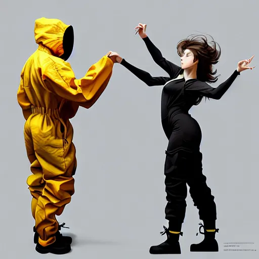 Image similar to character concept portrait of a man in a hazmat suit and voluminous woman in shirt and overalls both dancing, intricate, elegant, digital painting, concept art, smooth, sharp focus, illustration, from metal gear, by ruan jia and mandy jurgens and william - adolphe bouguereau, artgerm