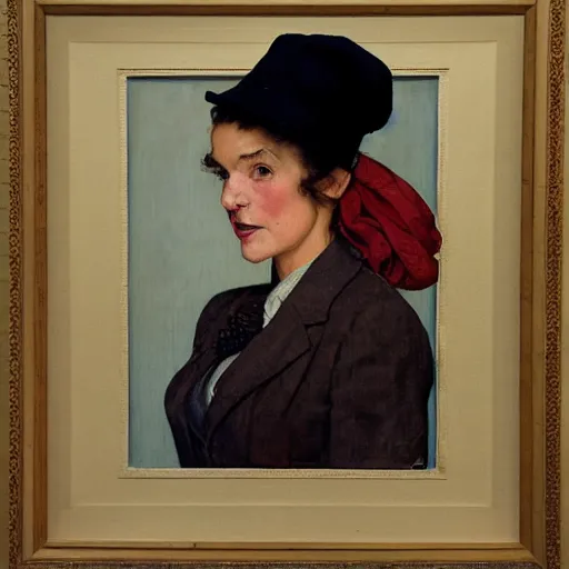 Image similar to Front portrait of a bored woman with a plaid blazer, bangs and a beret. A painting by Norman Rockwell.