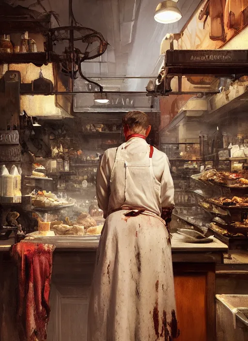 Prompt: portrait of a old butcher, bloodstained apron, at a butcher shop, dramatic lighting, dimly lit, medium view, asymmetrical intricate elegant matte painting illustration, by greg rutkowski and greg tocchini and james gilleard and sargent and leyendecker and greg manchess