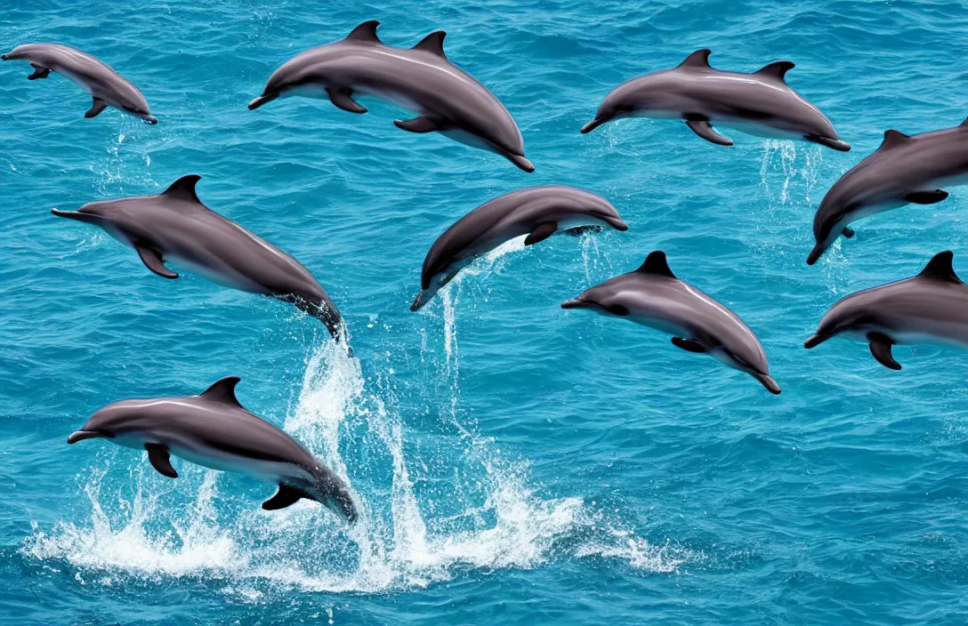Prompt: a pod of dolphins swimming through a warm tropical ocean, 4k photorealistic nature photography