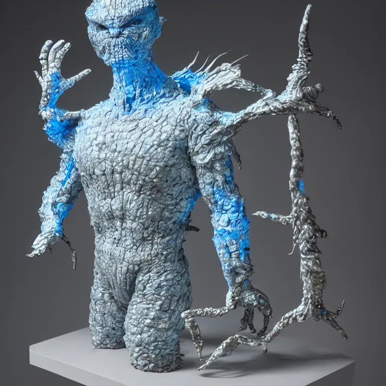 Image similar to hyperrealistic sculpture of a silver fossilized chibi ultraman kaiju dusted with opalescent blue spraypaint and ferns in a nylon grid cage on a pedestal by ron mueck and duane hanson and lee bontecou, hyperrealistic dramatic colored lighting trending on artstation 8 k