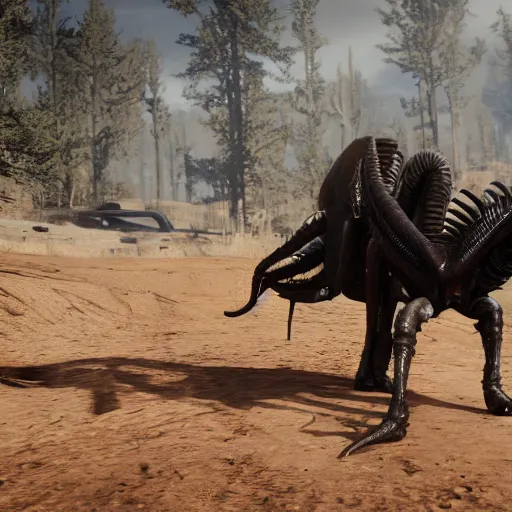 Prompt: xenomorph in red dead redemption 2 (2018), depth of field, midday