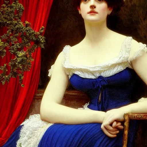 Image similar to portrait en buste of eva green in an edwardian dress by frederic william burton and frederic leighton, abundantly detailed, perfectly detailed eyes