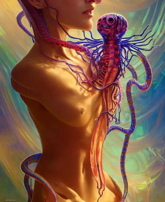 Image similar to intricate colorful transparent portrait of a terrifying beautiful alien snake creature, mottling coloring, adorable, childlike, medical equipment hospital environment, ultra realistic, concept art, art nouveau, photorealistic, octane render, 8 k, unreal engine. art by christopher marley and artgerm and greg rutkowski and alphonse mucha