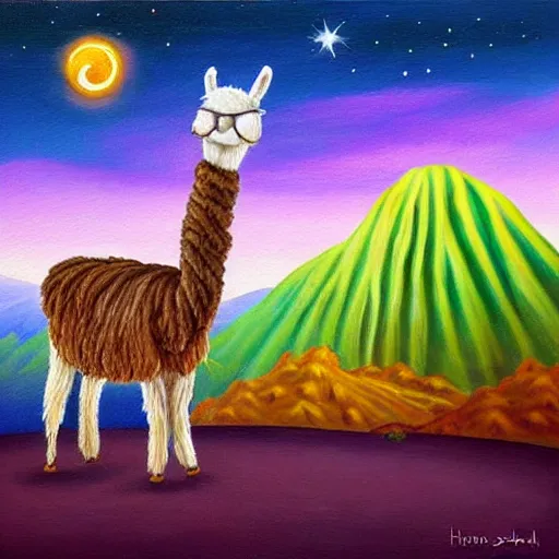 Prompt: llama with dreadlocks, desert with starfall in the night sky on background, hyperrealistic painting