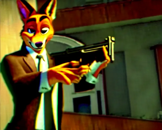 Image similar to nick wilde as max payne in max payne 3 set in gritty neo - noir zootopia, favela level