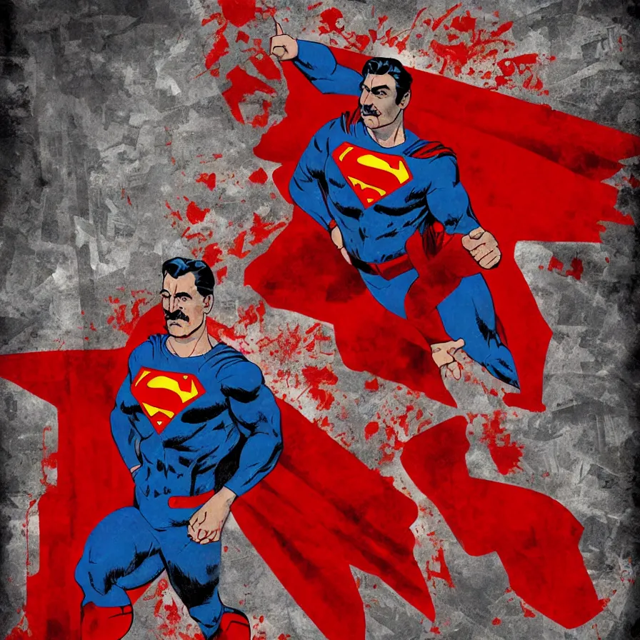 Prompt: stalin as superman, red son, hammer and sickle logo, red square ( moscow ), socialist realism, sovietwave, hyperrealistic, hyperdetailed, intricate digital art, trending artstation, photoshop, rich moody colors, rich moody colors, fan art, concept art, epic comic book style, by robert kirkman