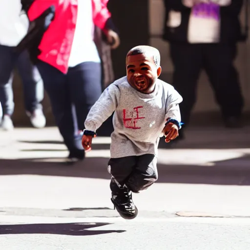 Image similar to portrait of midget kanye west running down a sidewalk, sharp focus, 4 k editorial photograph, soft lighting