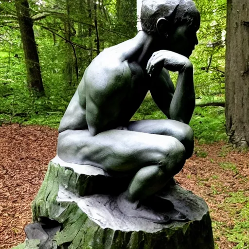 Image similar to The thinker sculpture in the style of William Bartram with mushrooms at the base, slightly buried in the forest