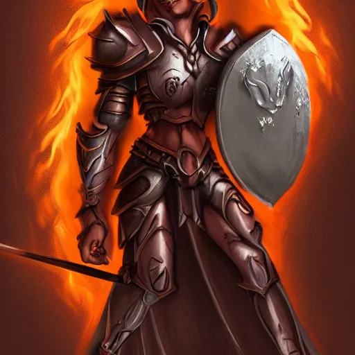 Image similar to disney's gargoyles!!!! female!! warrior! flaming sword ( devilish smile ) ( ( plate armor ) ) ( ( ( shield ) ) ), fantasy painting, concept art, 4 k