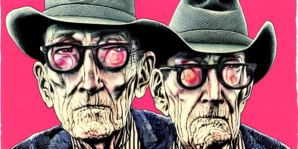 Image similar to full view of william s burroughs, wearing a cowboy hat, style of yoshii chie and hikari shimoda and martine johanna and will eisner, highly detailed