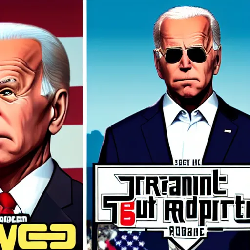 Prompt: joe biden and seth rogan in the style of grand theft auto v cover art