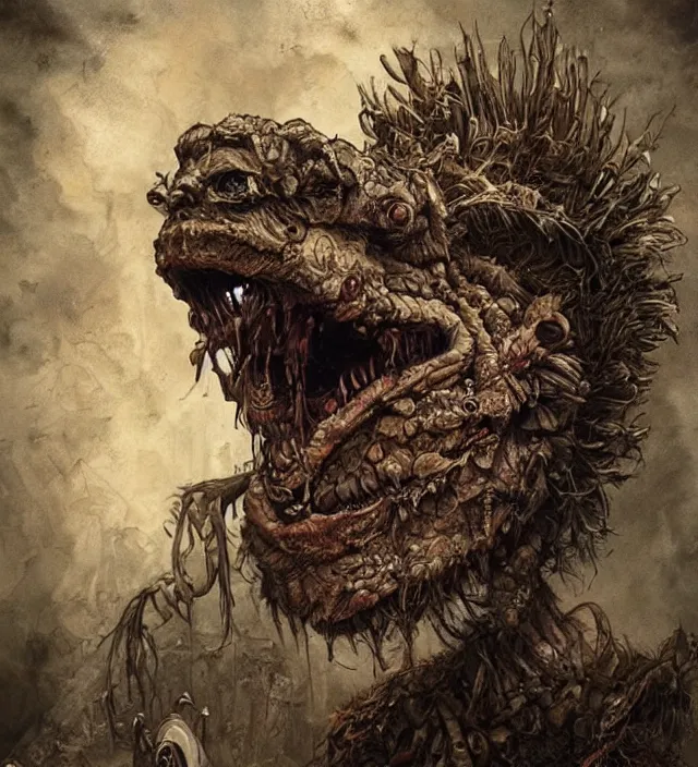 Image similar to hyper realistic portrait of postapocalyptic muppet show monster goblin, cinematic, symmetric, jean baptiste monge, scott radke