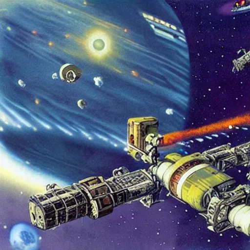 Prompt: abandoned space station, chris foss