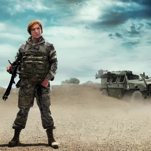 Image similar to Saul Goodman wearing heavy modern military gear and holding a machine gun, highly detailed, 4k
