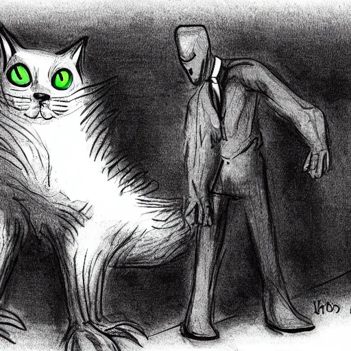 Prompt: Giant monster looking at a cat, Lovecraft sketch
