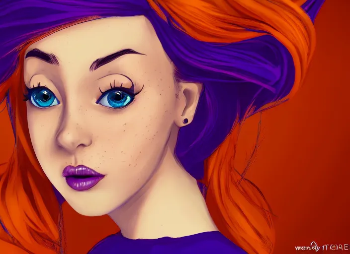 Image similar to portrait Girl with orange hair and freckles, purple background, cute-fine-face, pretty face, fine details. realistic shaded lighting by disney style,