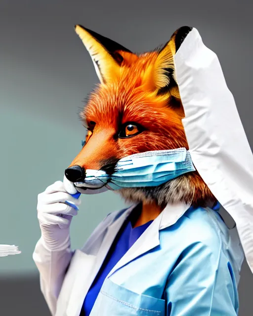 Image similar to photorealistic photo of anthropomorphic female fox animal dressed in labcoat, surgical mask covering mouth, putting on surgical gloves, fox animal, hospital in background, oil painting, 8 5 mm f / 1. 4