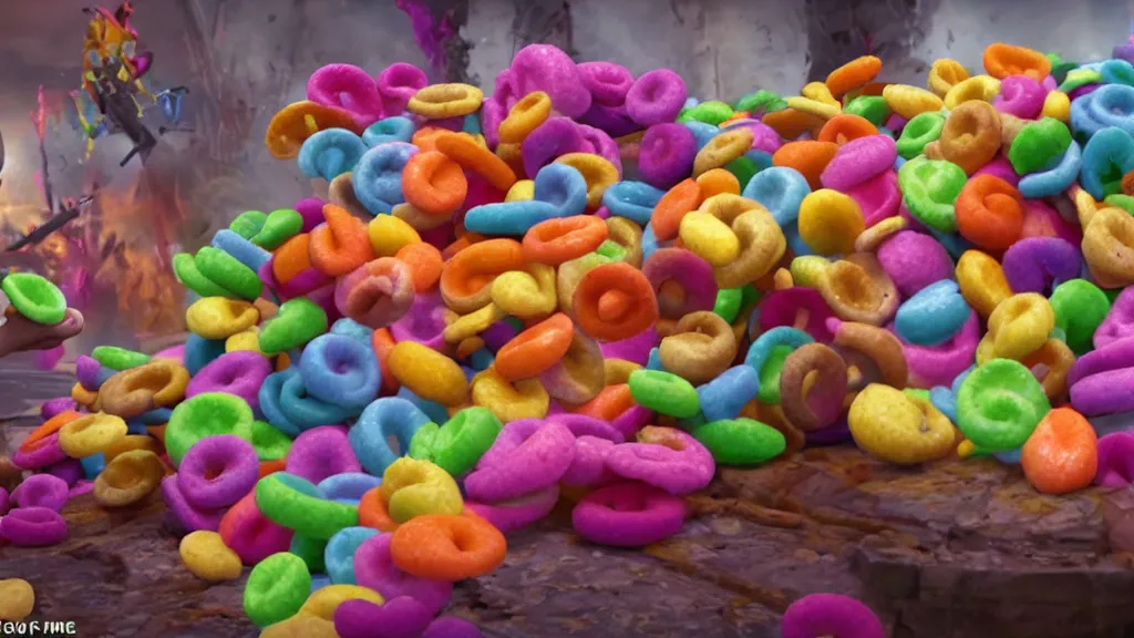 Prompt: film still of the Fruit Loops surreal action movie. amazing cgi