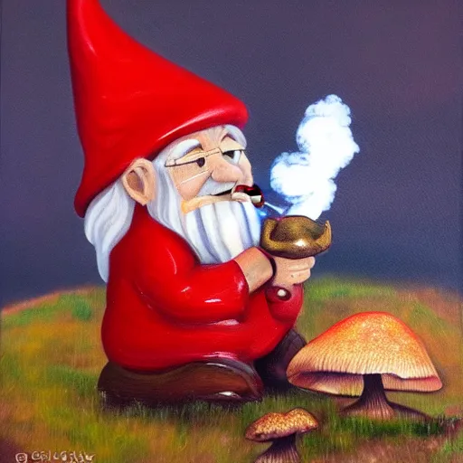 Prompt: oil painting gnome with red eyes sitting on a mushroom smoking a pipe