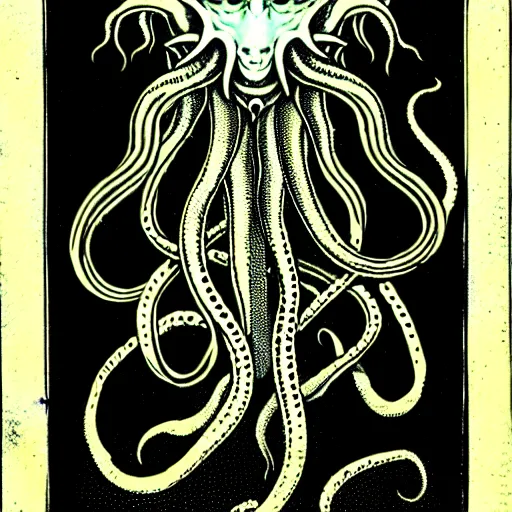 Image similar to daugerreotype of cthulhu high priestess. tangle of tentacles