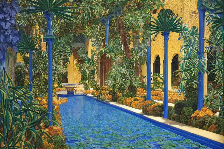 Image similar to painting of a beautiful moorish palace courtyard garden, by maxfield parrish and evelyn de morgan and waterhouse and dante rossetti, patterned tilework, palm trees, tiled fountains, sun and shade, extremely detailed, dramatic cinematic lighting, smooth sharp focus, featured on artstation