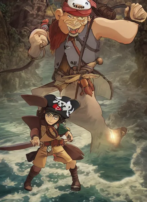 Image similar to studio ghibli pathfinder 2 and illustration of pirate monkey, pirate themed, character portrait, unreal engine, hyper realism, realistic shading, cinematic composition, realistic render, octane render, detailed textures, photorealistic, wide shot