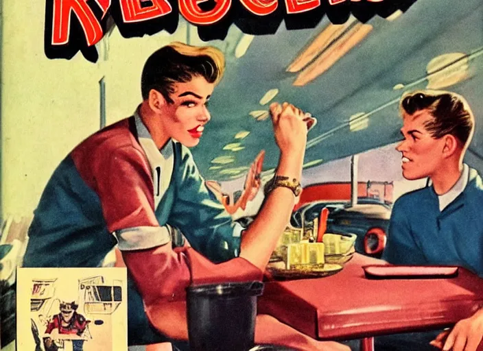 Image similar to 1 9 5 0 s rebel teen male at the local diner, art by guy peellaert and manuel sanjulian and paul cadmus