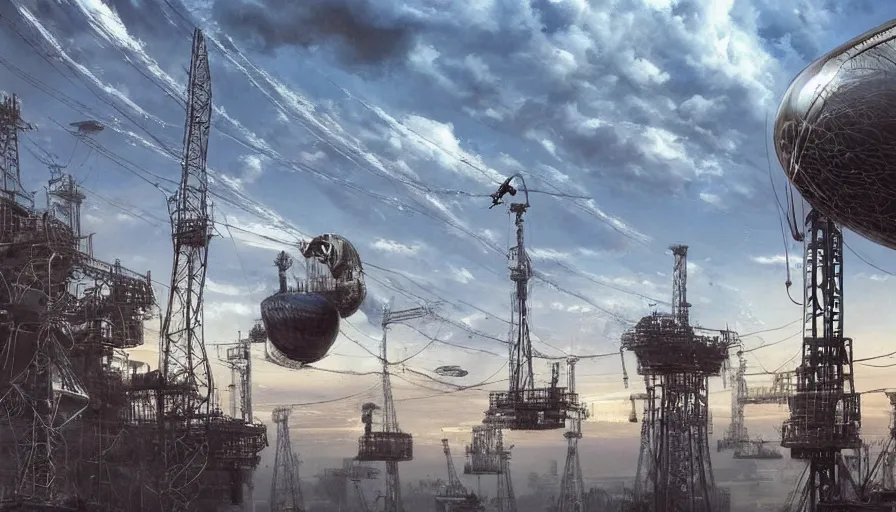 Image similar to an inflated stainless steel chrome gondola in the clouds, people are hanging by steel cables. Oil rigs in the sky. Intricate technical drawing. Mammatus clouds. Ornate, brilliant, utopian, detailed, Golden ratio, solarpunk technology by Jim Burns and Craig Mullins
