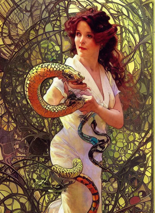 Prompt: an art nouveau copic maker impresionist painting of a woman holding a snake by john berkey by stanley artgerm lau, alphonse mucha, loish, norman rockwell