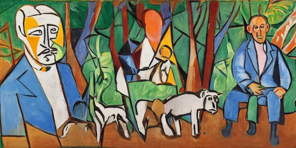 Prompt: alan sugar. going for a walk in the country. sitting on hands. eating leaves in the forest on the floor. eating burnt toast and drinking fresh clear water from a stream, painting in the style of [ [ pablo picasso ] ]. pastry pets on his shoulders