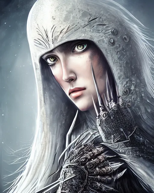 Image similar to highly detailed sharp portrait of a beautiful female hunter with shimmering hair, symmetrical face and eyes, dressed in intricate silver, cgsociety, Elden Ring, Dark Souls, Bloodborne